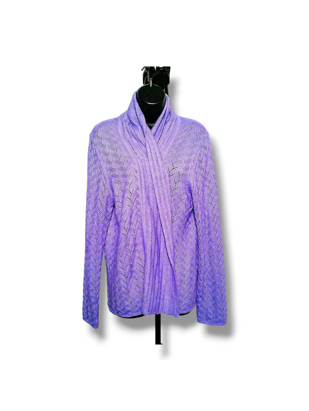Susan Graver Cardigan Metallic Pointelle Open Front L Purple
